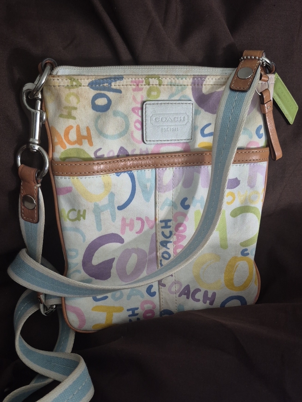 COACH Multicolor Pastel Letter-Print Canvas Crossbody with Leather Trim